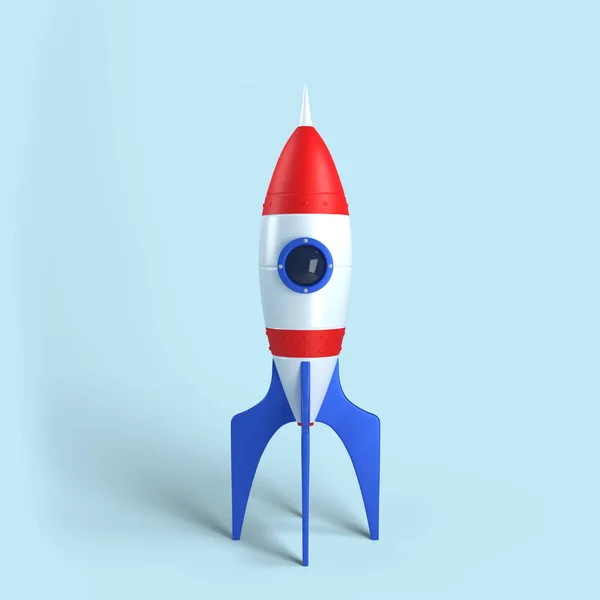 Foguete no fundo azul, ilustração de renderização 3D — Fotografia de Stock