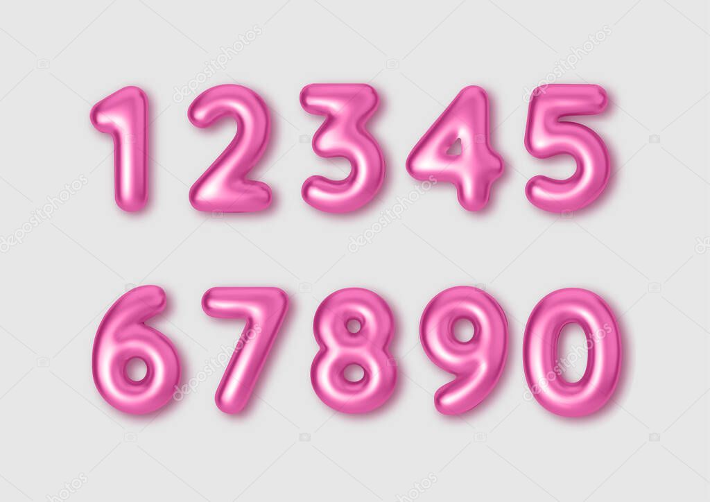 Realistic 3d font color pink numbers. Number in the form of metal balloons. 