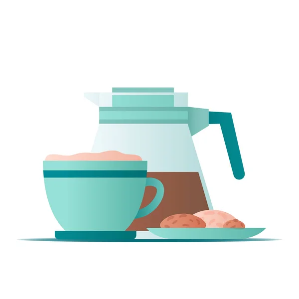 Taza de café de ilustración plana con un plato de galletas sobre fondo blanco para el diseño de concepto. Vector — Vector de stock