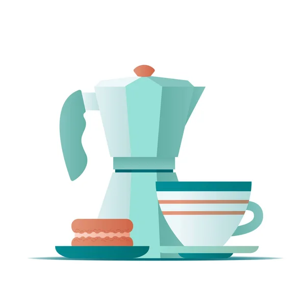 Ilustração plana geyser cafeteira e caneca de café com macaroon bolo no fundo branco. Ilustração vetorial — Vetor de Stock