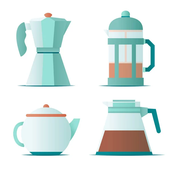 Ícone plano com bules de chá, imprensa francesa para fazer café e chá no fundo branco para design de conceito. Vetor — Vetor de Stock