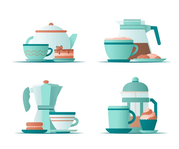 Copos diferentes, chaleiras de café e sobremesa doce. Ilustração vetorial plana. — Vetor de Stock