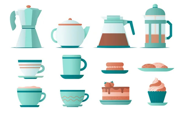 Diferentes tazas, cafetera y postre dulce. Ilustración vectorial plana. — Archivo Imágenes Vectoriales