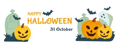 Bayram için Cadılar Bayramı partisi davetiyesi. Balkabağı ve yarasalar, hayaletler. Vektör illüstrasyonu.