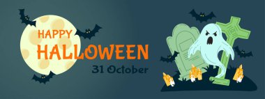 Bayram için Cadılar Bayramı partisi davetiyesi. Balkabağı ve yarasalar, hayaletler. Vektör illüstrasyonu.