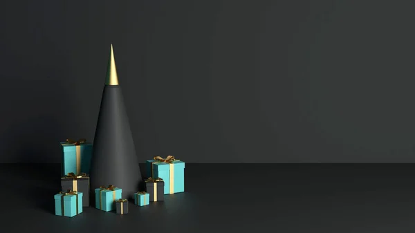 3D-Rendering 2021 Jahr, Weihnachten blau-schwarze Geschenkschachtel mit Goldschleife, Konzept Goldtanne — Stockfoto