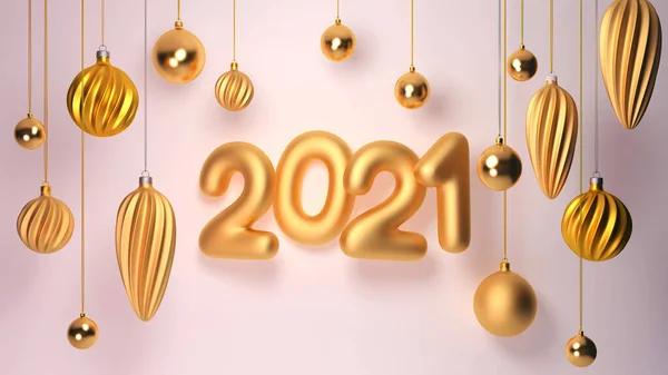 3d rendu 2021 année, boules de Noël, carte de voeux Noël et Nouvel An, Illustration moderne horizontale. — Photo