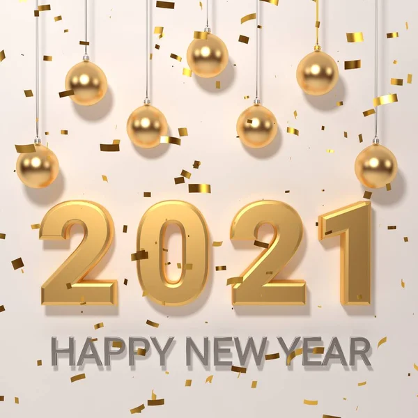 Złoty napis 2021, śnieg, latająca serpentyna i kula bożonarodzeniowa, realistyczna kartka z życzeniami ilustracji 3D z nowym rokiem — Zdjęcie stockowe