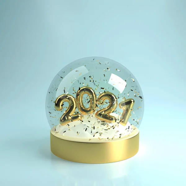Świąteczna kula śnieżna ze złotym napisem 2021, śnieg i latający wąż wewnątrz, realistyczna ilustracja 3D — Zdjęcie stockowe