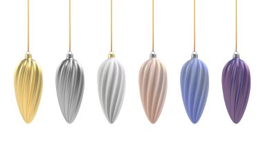 Beyaz arka planda gerçekçi bir Noel balosu. Altın, gümüş ve beyaz dikey spiral. Vektör illüstrasyonu.