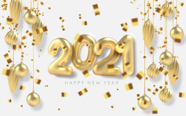 2021 Mutlu yıllar arka plan beyaz ve altın renkli Noel balosu gerçekçi bir şekilde. Altın gibi gerçekçi bir yılan. Vektör