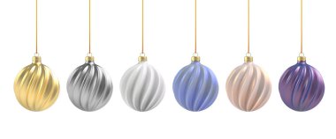 Beyaz arka planda gerçekçi bir Noel balosu. Altın, gümüş ve beyaz spiral. Vektör illüstrasyonu.