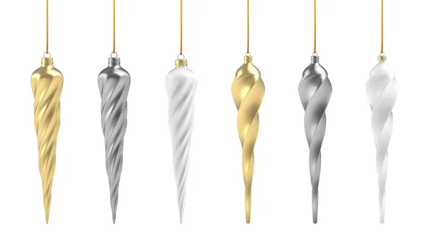 Bola de Navidad en estilo realista sobre fondo blanco. Espiral vertical de oro, plata y blanco. Ilustración vectorial. — Vector de stock