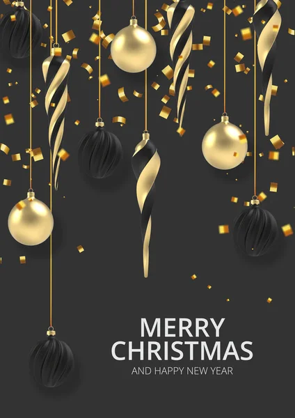 Kerst achtergrond Gouden Kerstbal in realistische stijl op zwarte achtergrond. Vectorillustratie. — Stockvector