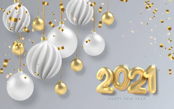 2021 Щасливий новорічний фон білий і золотий різдвяний м'яч у реалістичному стилі. Золотий реалістичний змій. Векторні — стоковий вектор