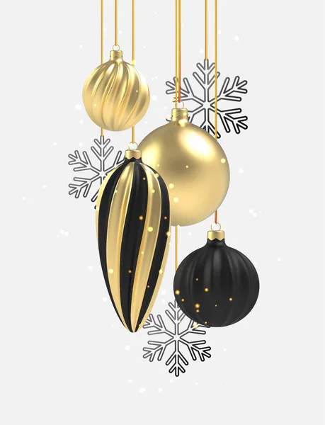 Fundo de Natal Bola de Natal dourada e preta em estilo realista no fundo branco. Ilustração vetorial. — Vetor de Stock