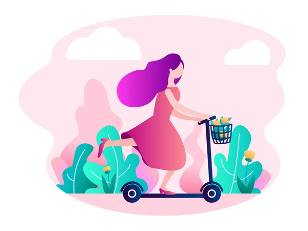 A menina monta uma scooter no parque com flores — Vetor de Stock