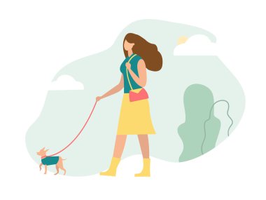 Kız köpekle - vektör çizim yürüyor