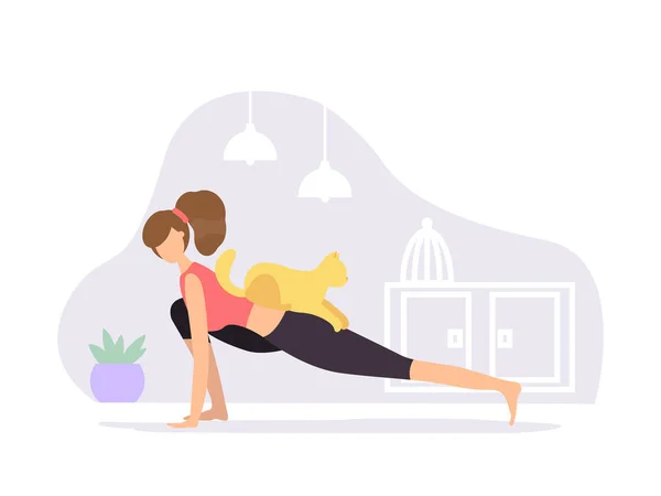 Hoge longe pose. Vrouw doet Yoga met kat — Stockvector