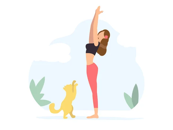 Wassende maan pose. Vrouw doet Yoga met kat — Stockvector