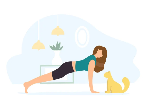 Plank pose. Mujer haciendo Yoga con Gato — Vector de stock