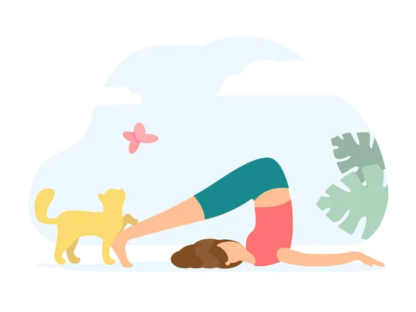 Opzijschuiven pose. Vrouw doet Yoga met kat — Stockvector