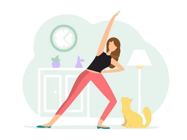 Omgekeerde warrior pose. Vrouw doet Yoga met kat — Stockvector