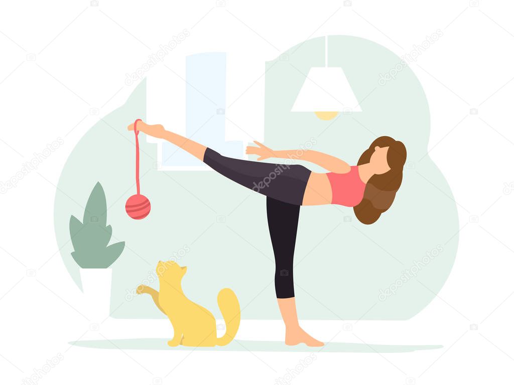 Warrior III pose. Woman doing Yoga with cat