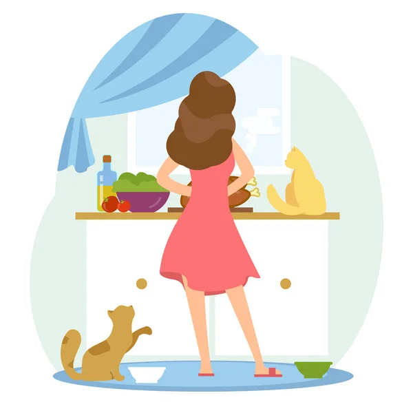Flickan är matlagning i köket viskade hennes katter. — Stock vektor