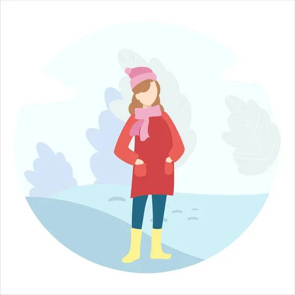 Flickan går på vintern i parken. — Stock vektor