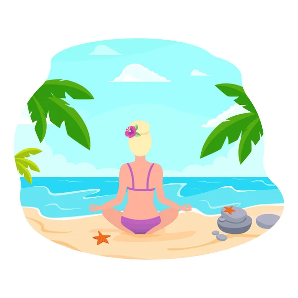 Женщина, сидящая на пляже в позе йоги . — стоковый вектор
