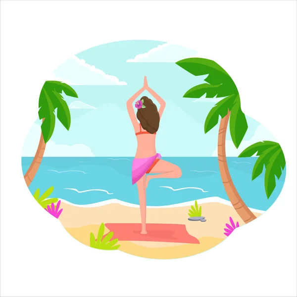 Девушка стоит на пляже в позе йоги . — стоковый вектор