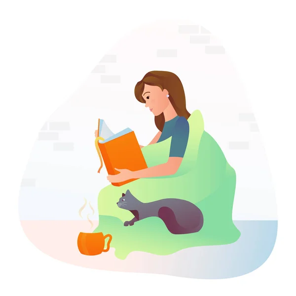 女の子はお茶を飲み、猫と枕に座って本を読む. — ストックベクタ