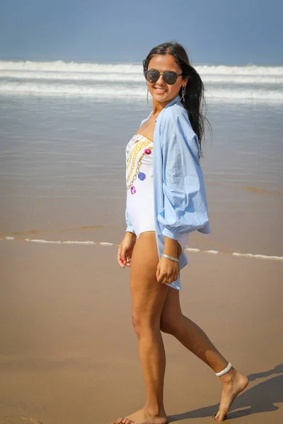 Girl Beach Swimsuit Hat Atlantic Ocean Agadir Morocco — Stock Photo, Image