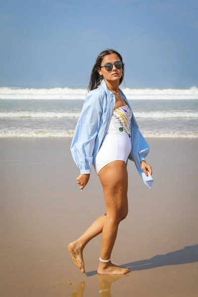 Girl Beach Swimsuit Hat Atlantic Ocean Agadir Morocco — Stock Photo, Image