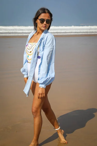 Girl Beach Swimsuit Hat Atlantic Ocean Agadir Morocco — Stock Photo, Image