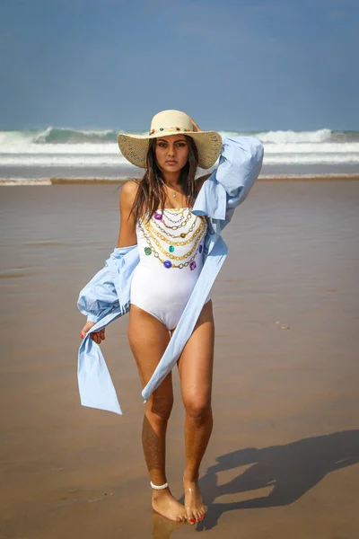 Girl Beach Swimsuit Hat Atlantic Ocean Agadir Morocco — Stock Photo, Image