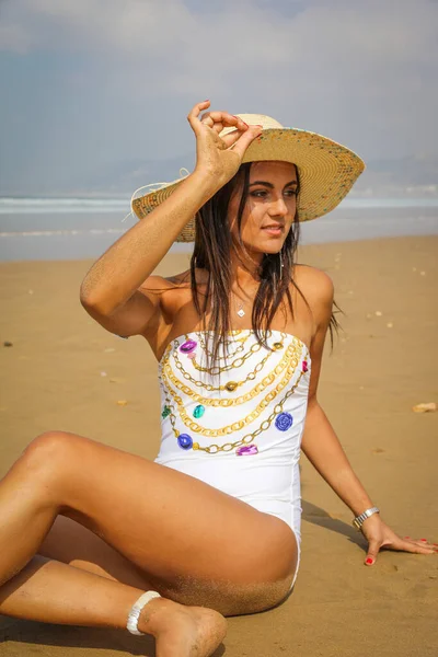 Girl Beach Swimsuit Hat Atlantic Ocean Agadir Morocco — Stock Photo, Image