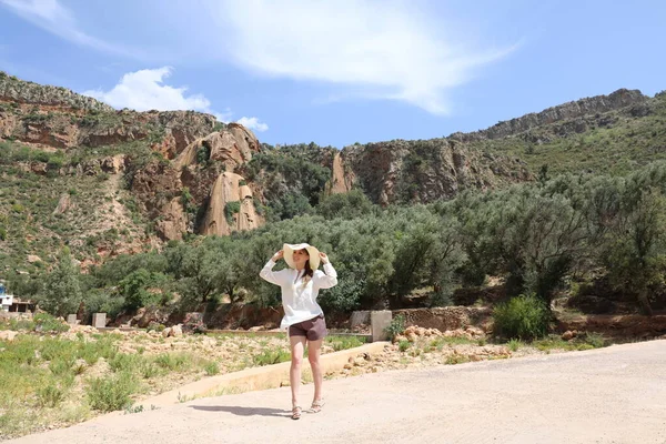 Beautiful Young Girl Hat White Shirt Backdrop High Atlas Mountains Stock Picture