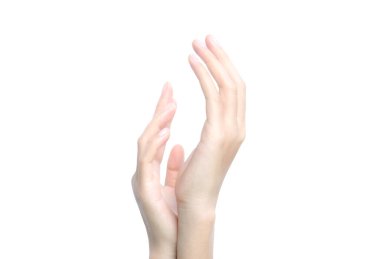 Beyaz arka planda güzel bir kadın eli. Derinin güzelliğini ve su kaybını kavra..