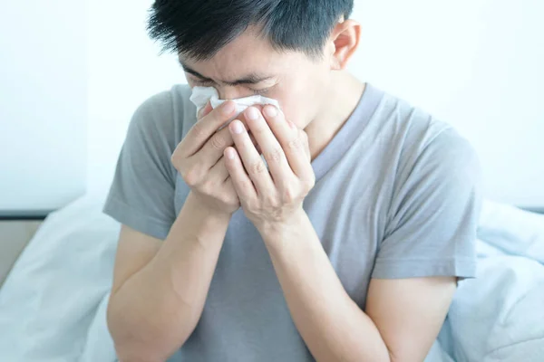 Sick Man Flu Using Paper Napkin Have Runny Nose Covered — Stock Photo, Image