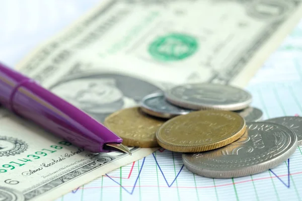 Dollar Coins Pens Put Index Financial Growth Business Concepts — Stock Photo, Image