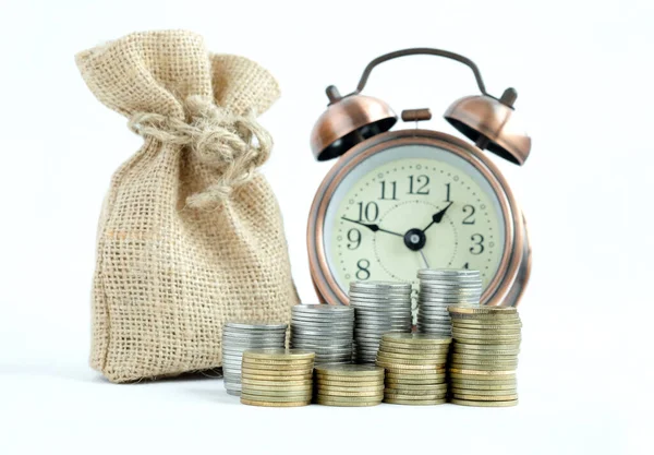 Saving Money Economizing Which Have Pile Coins Clock Money Bag — Stock Photo, Image