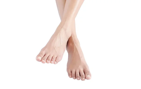 Belle Gambe Piedi Femminili Uno Sfondo Bianco Concetto Bellezza Idratazione — Foto Stock