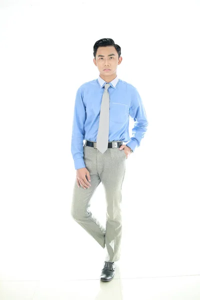 Confidence Business Concept Portrait Charming Successful Young Entrepreneur Blue Collar — Stock Photo, Image