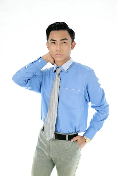 Confidence Business Concept Portrait Charming Successful Young Entrepreneur Blue Collar — Stock Photo, Image