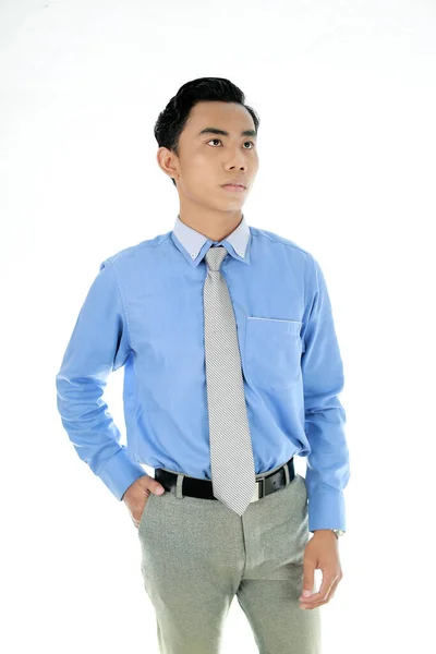 Důvěra Obchodní Koncepce Portrét Okouzlujícího Úspěšného Mladého Podnikatele Modré Límečkové — Stock fotografie