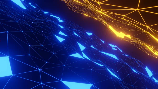 Plexo Abstrato Azul Laranja Formas Geométricas Comunicação Tecnologia Network Background — Fotografia de Stock