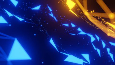 Soyut pleksus mavi ve turuncu geometrik şekiller, İletişim ve Teknoloji Ağı Arkaplanı, Bağlantı ve Web Kavramı, 3D model ve illüstrasyon.