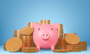 Pembe domuzcuk kumbarası ve mavi pastel üzerinde bir sürü altın sikke kulesi 3D model ve illüstrasyon.